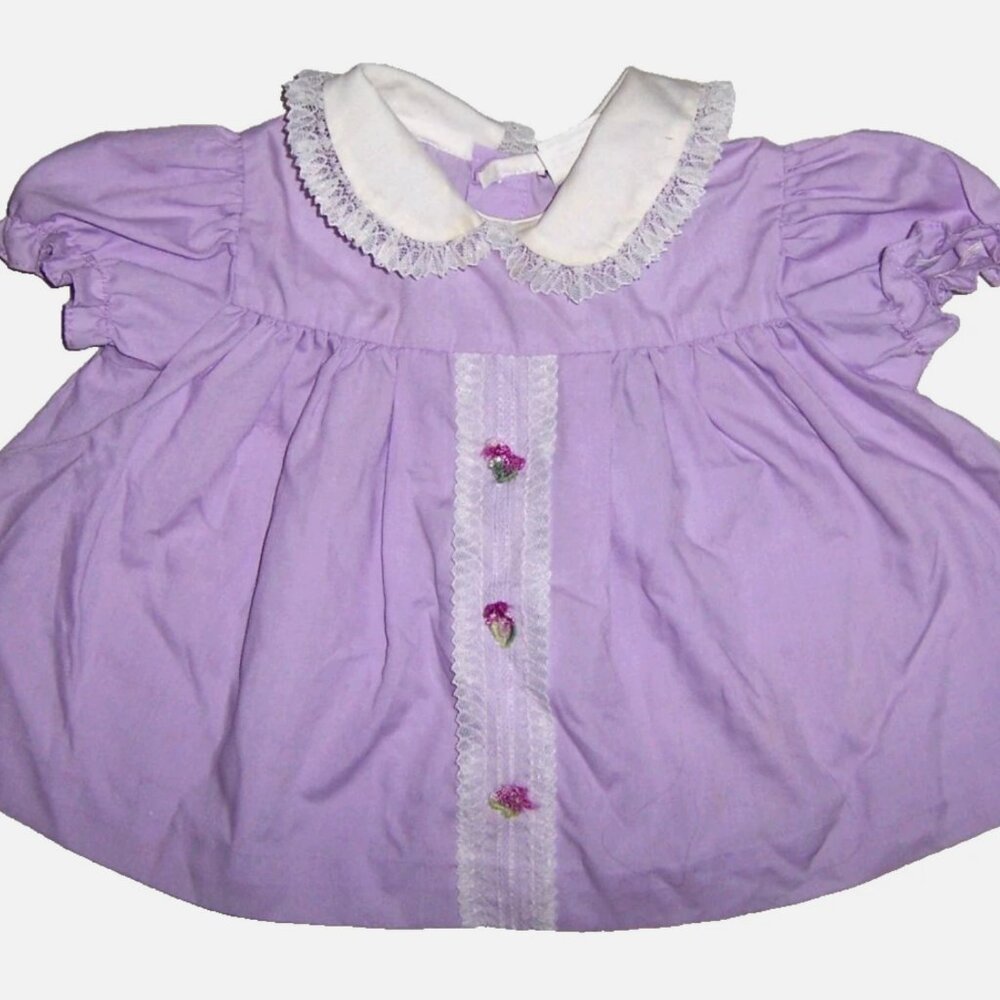 Vintage 80s Baby Girls Light Purple Collared Dress with Lace 1 1/2 or 18 months